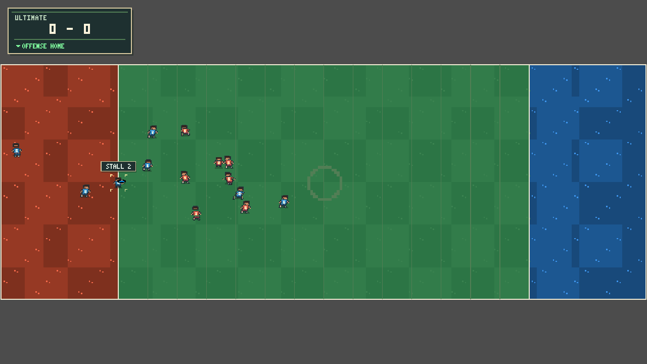 The first version: red and blue end zones and a plain green field