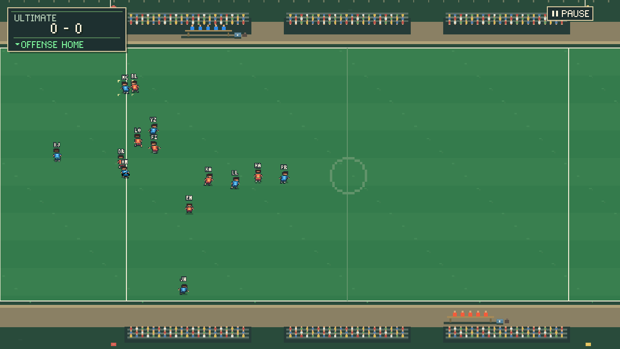A match with player initials and a pause button