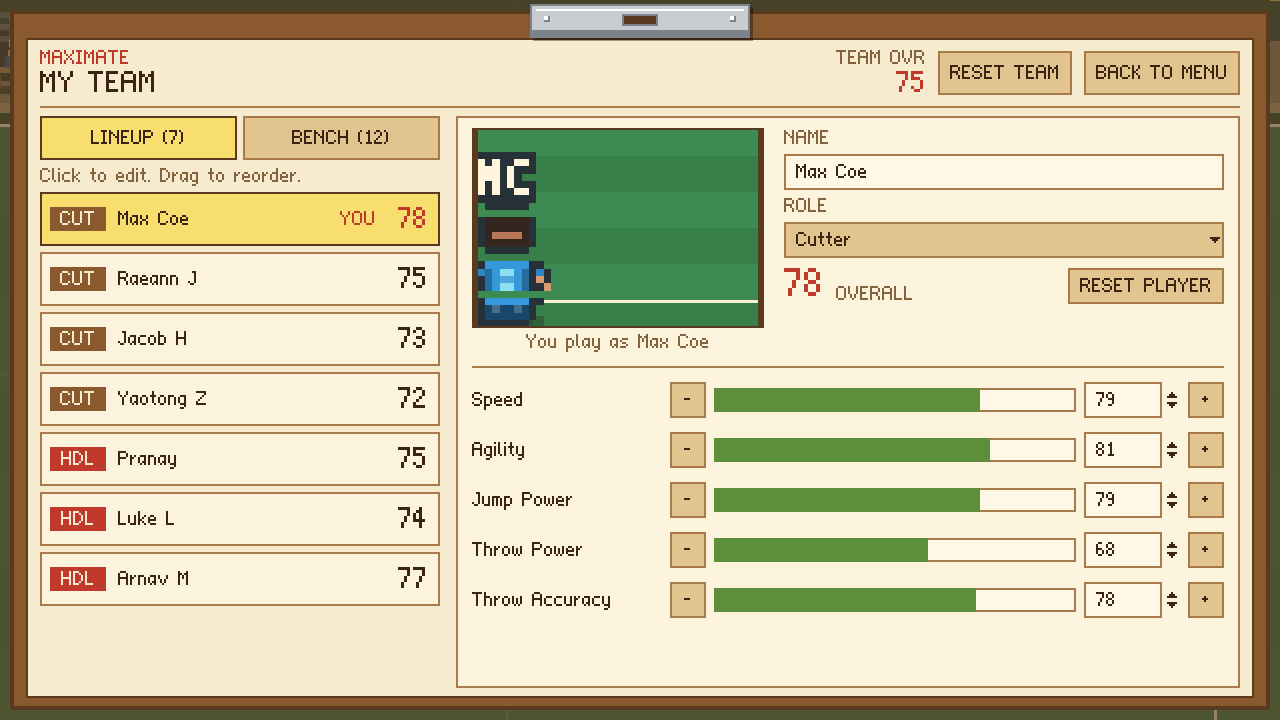 The first My Team screen with player ratings