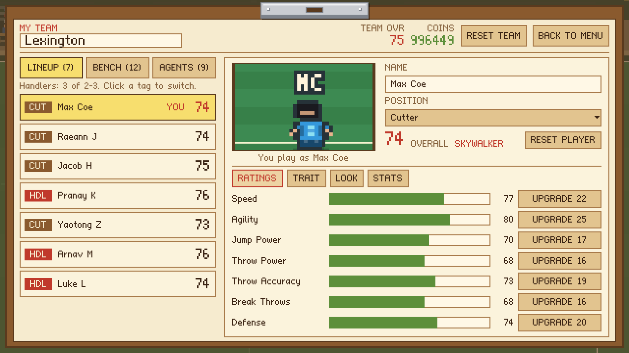 My Team screen with Ratings, Trait, Look and Stats tabs