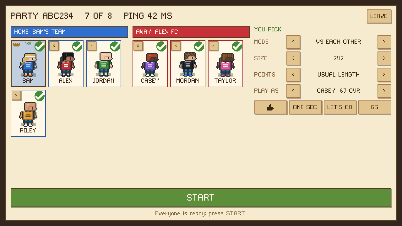 A party lobby with seven players split across two teams