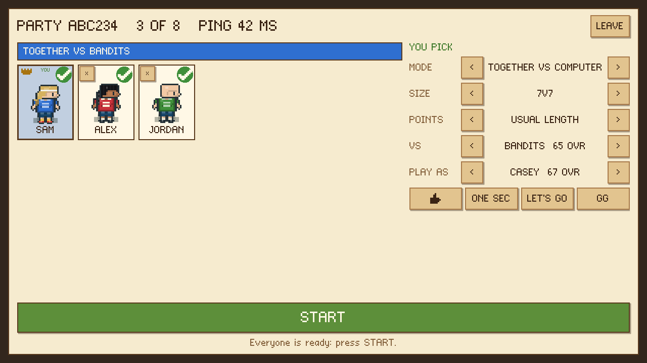 A party lobby: three friends as their own players, together against the computer