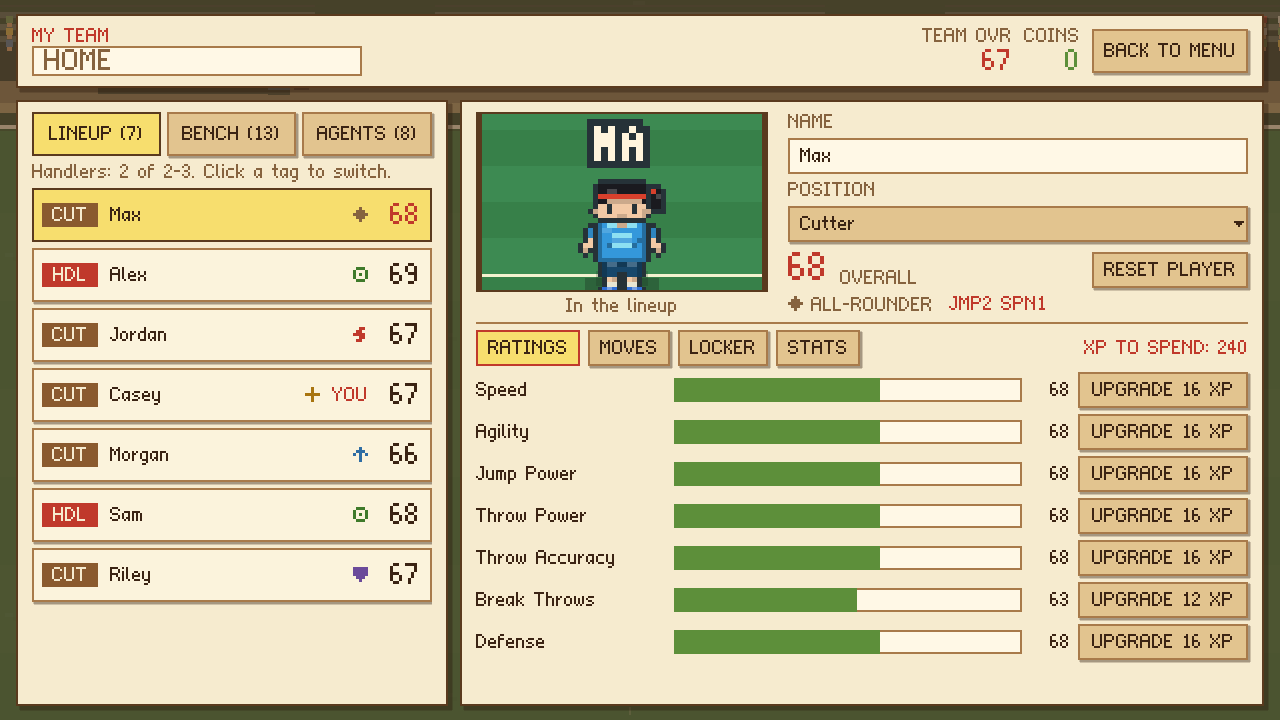 My Team showing a player with XP to spend on stat upgrades