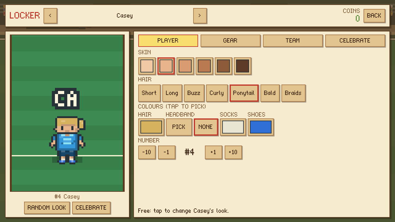 The LOCKER: a big preview of the player beside tiles for skin, hair and colours
