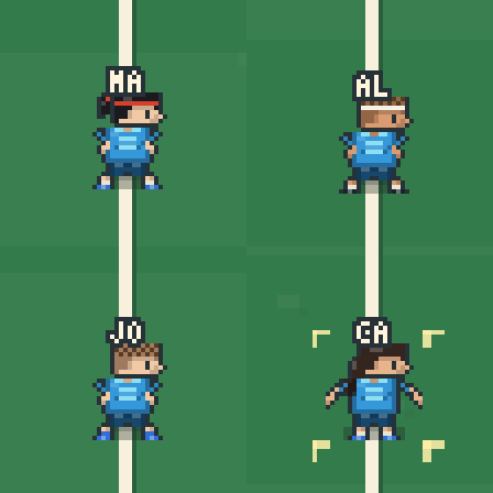 Four players up close on a pull line, drawn with finer pixels